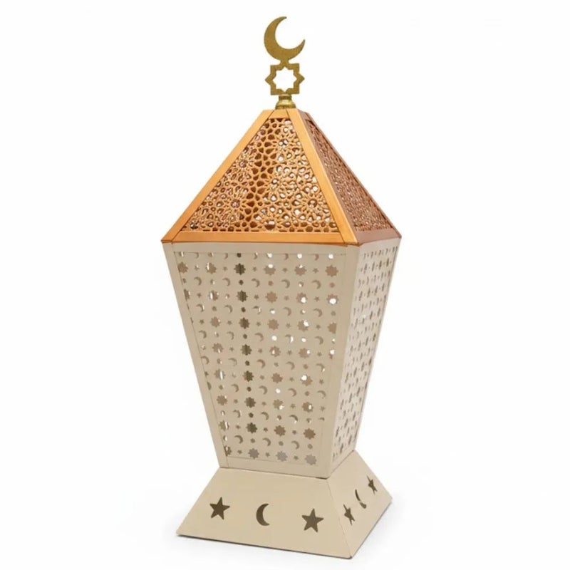Ramadan Decorative Metal Lantern With Intricate Cutwork Patterns And Moon And Star Top- Beige And White